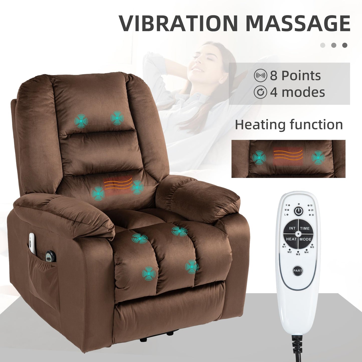 HomCom Lift Recliner Chair, Ergonomic Massage Chair with 4 Positions and Heating, Fabric Overstuffed Living Room Chairs with Side Pockets, Dark Brown - B0CTY2JHYZ-1