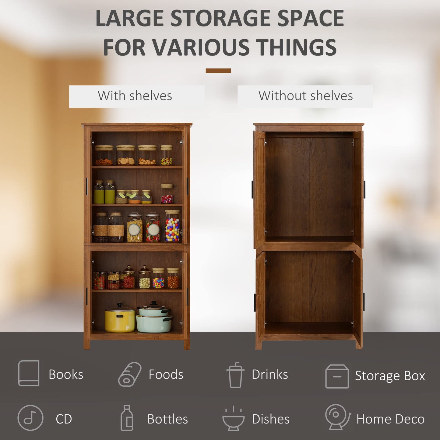 HOMCOM 64" Kitchen Pantry Cabinet, Freestanding Storage Cabinet with 4 Doors and 3 Adjustable Shelves for Dining Room, Oak - B0CGR31CKN