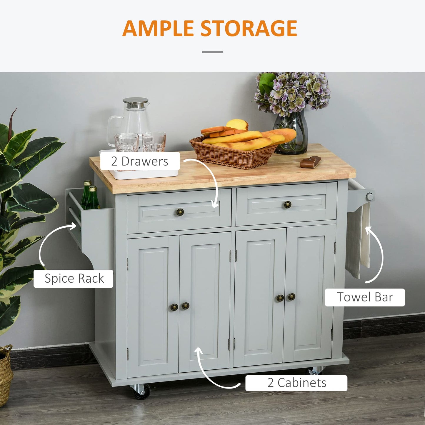 HomCom Kitchen Island on Wheels, Rolling Cart with Rubberwood Top - B098F16SDJ