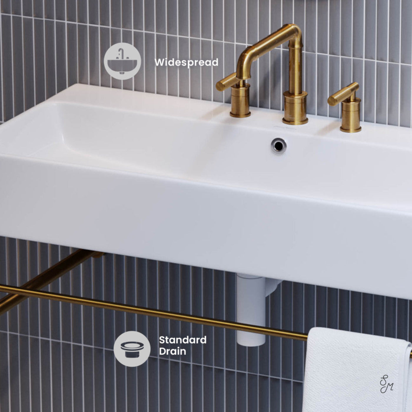 Swiss Madison Carre 36" Console Sink White Basin Brushed Gold Legs with 8" Widespread Holes - SM-CS723BG-3