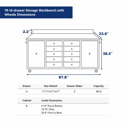 7ft 10-drawer Storage Workbench with Wheels