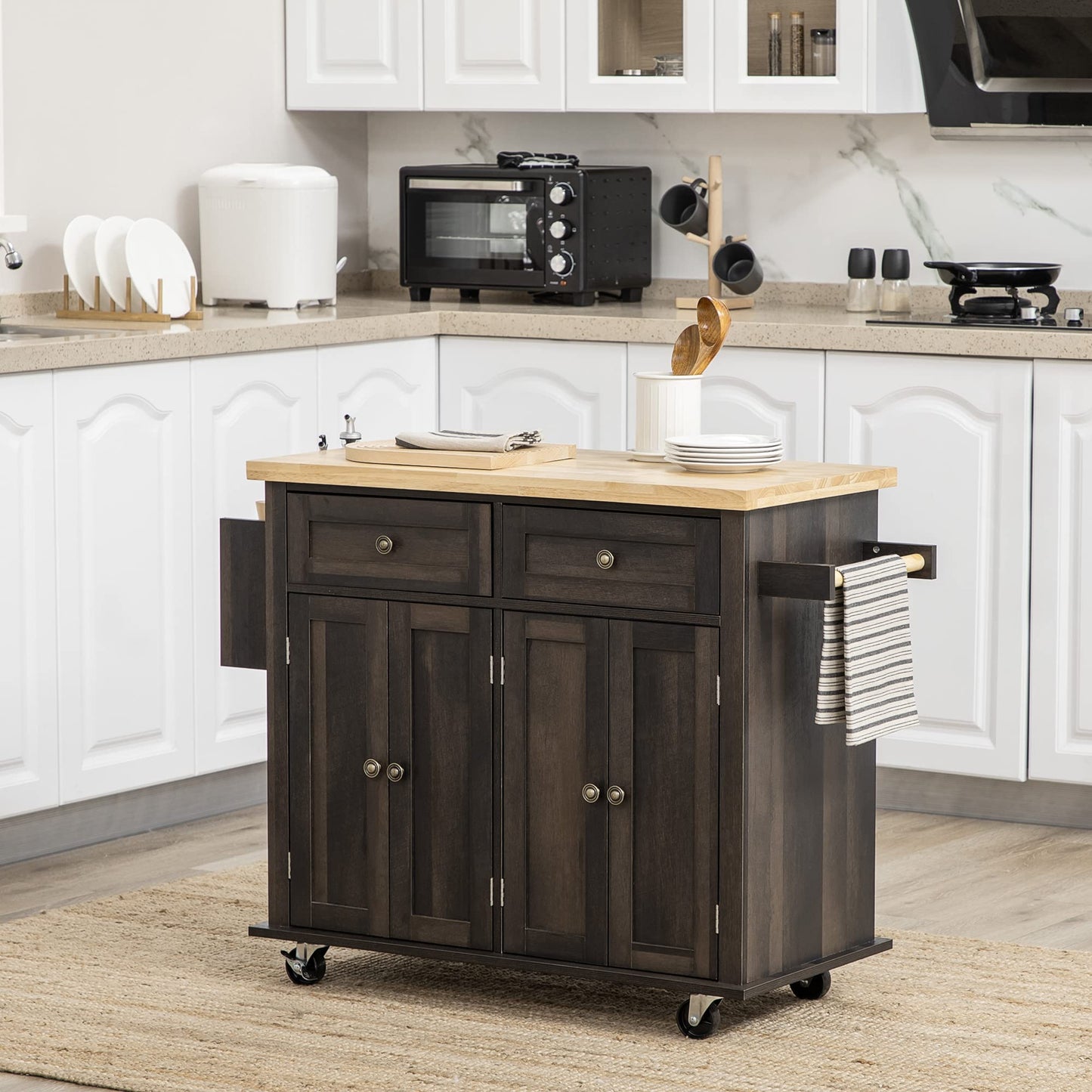 HomCom Kitchen Island on Wheels, Rolling Cart with Rubberwood Top - B0BLMCTYZS-1