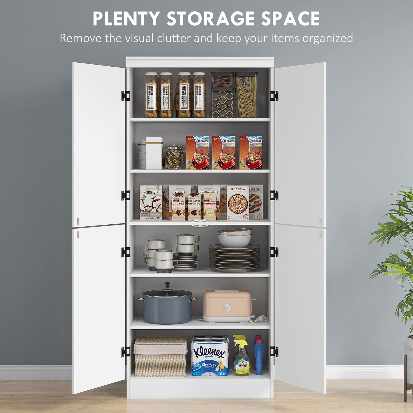 HOMCOM 70" Kitchen Pantry Cabinet, Freestanding Storage Cabinet with 4 Doors and 2 Adjustable Shelves for Dining Room, White - B09YXPKT9T