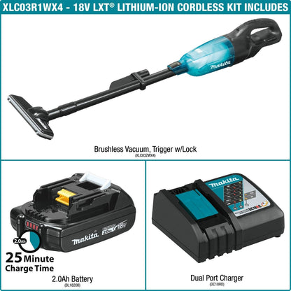 Makita XLC03R1WX4 - 18V LXT Lithium-ion Compact Brushless Cordless Vacuum Kit, Trigger w/ Lock, with one battery (2.0Ah) - XLC03R1WX4