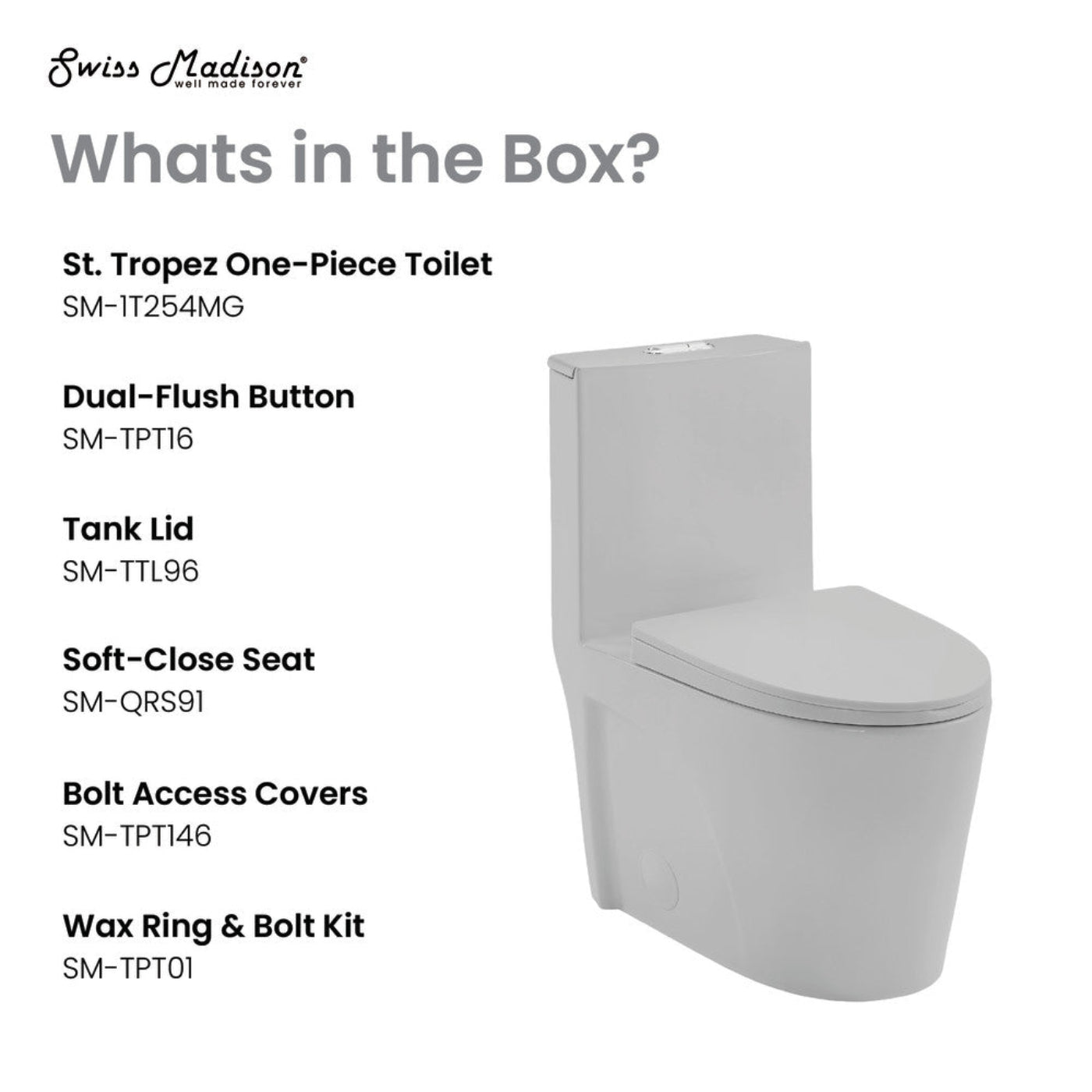 Swiss Madison St. Tropez One-Piece Elongated Toilet Vortex Dual-Flush 1.1/1.6 gpf in Matte Gray - SM-1T254MG