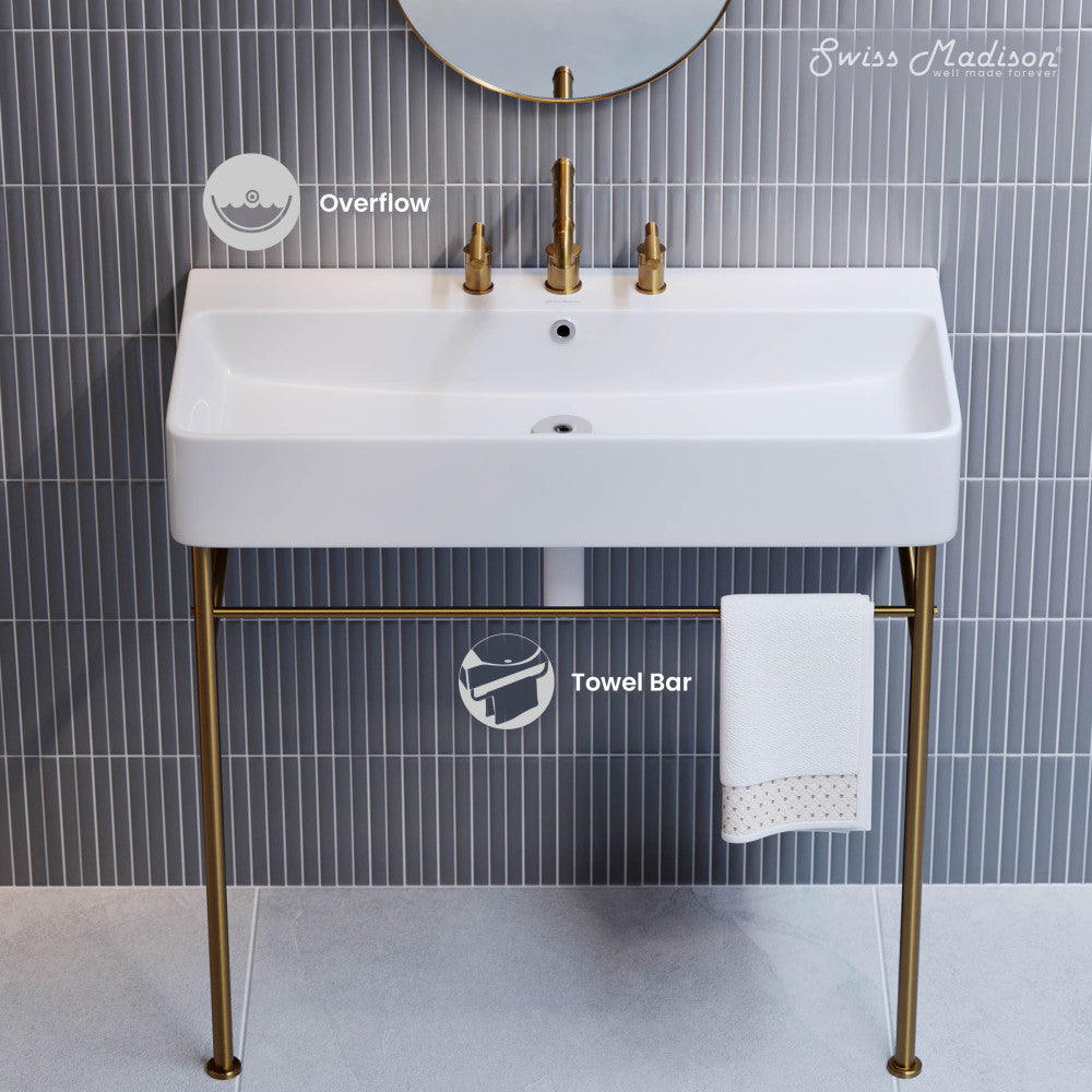 Swiss Madison Carre 36" Console Sink White Basin Brushed Gold Legs with 8" Widespread Holes - SM-CS723BG-3