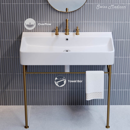 Swiss Madison Carre 36" Console Sink White Basin Brushed Gold Legs with 8" Widespread Holes - SM-CS723BG-3