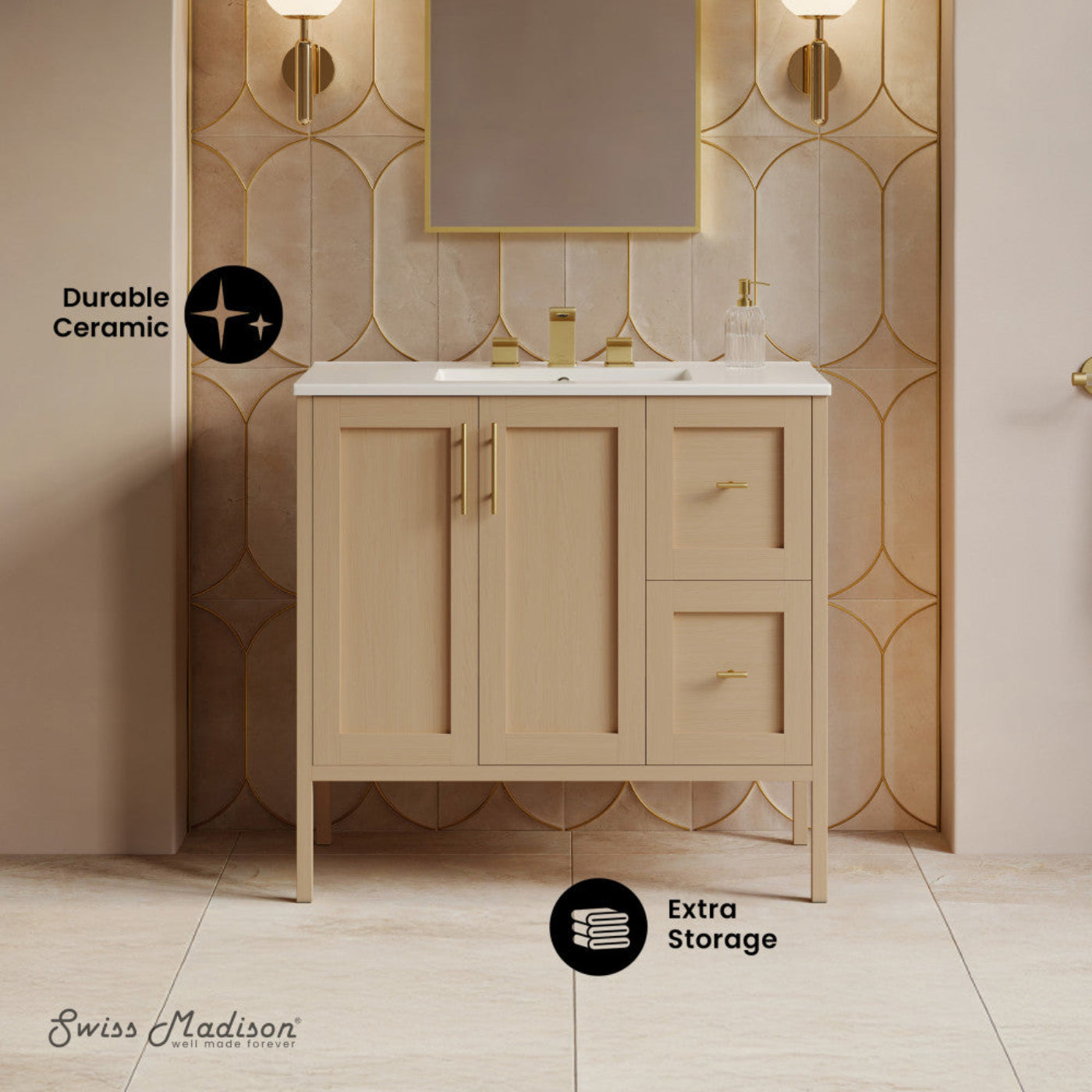 Swiss Madison Forme 36" Modular Freestanding Bathroom Vanity with 3-Hole Widespread Top in Natural Oak - SM-BV10101NO-W3