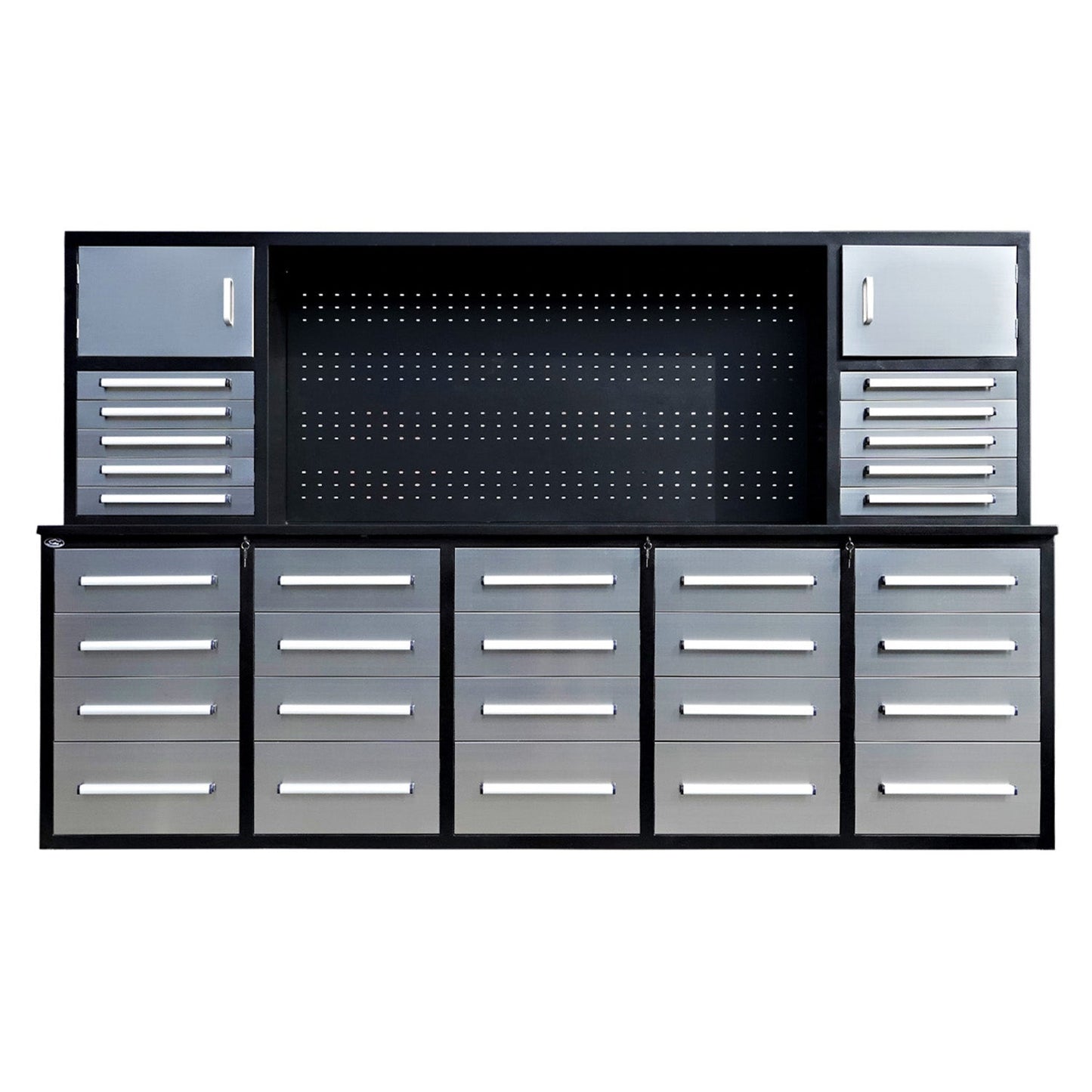 Chery Industrial 9.5ft Storage Workbench with 30 Drawers & 2 Cabinets & 1 Pegboard - SUIWB9530SS01