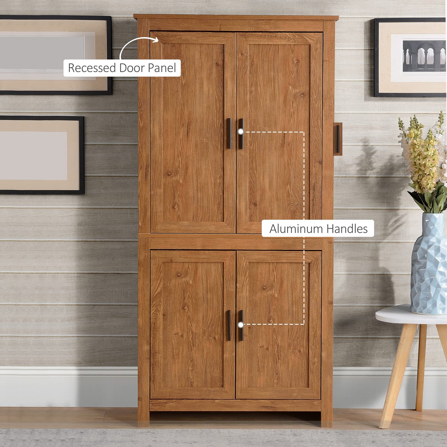 HOMCOM 64" Kitchen Pantry Cabinet, Freestanding Storage Cabinet with 4 Doors and 3 Adjustable Shelves for Dining Room, Oak - B0CGR31CKN