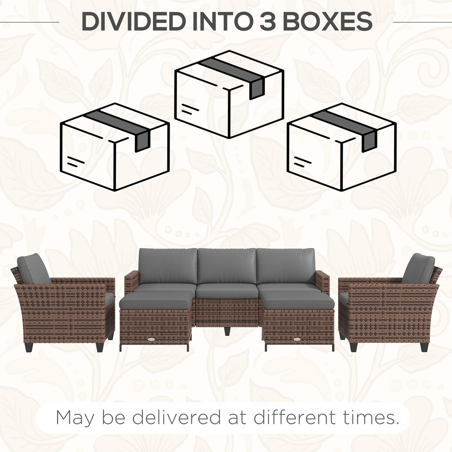 Outsunny 5-Piece PE Rattan Patio Set with 3-Seater Sofa, Armchairs, Footstools & Cushions, Mixed Brown - 860-311V00MB