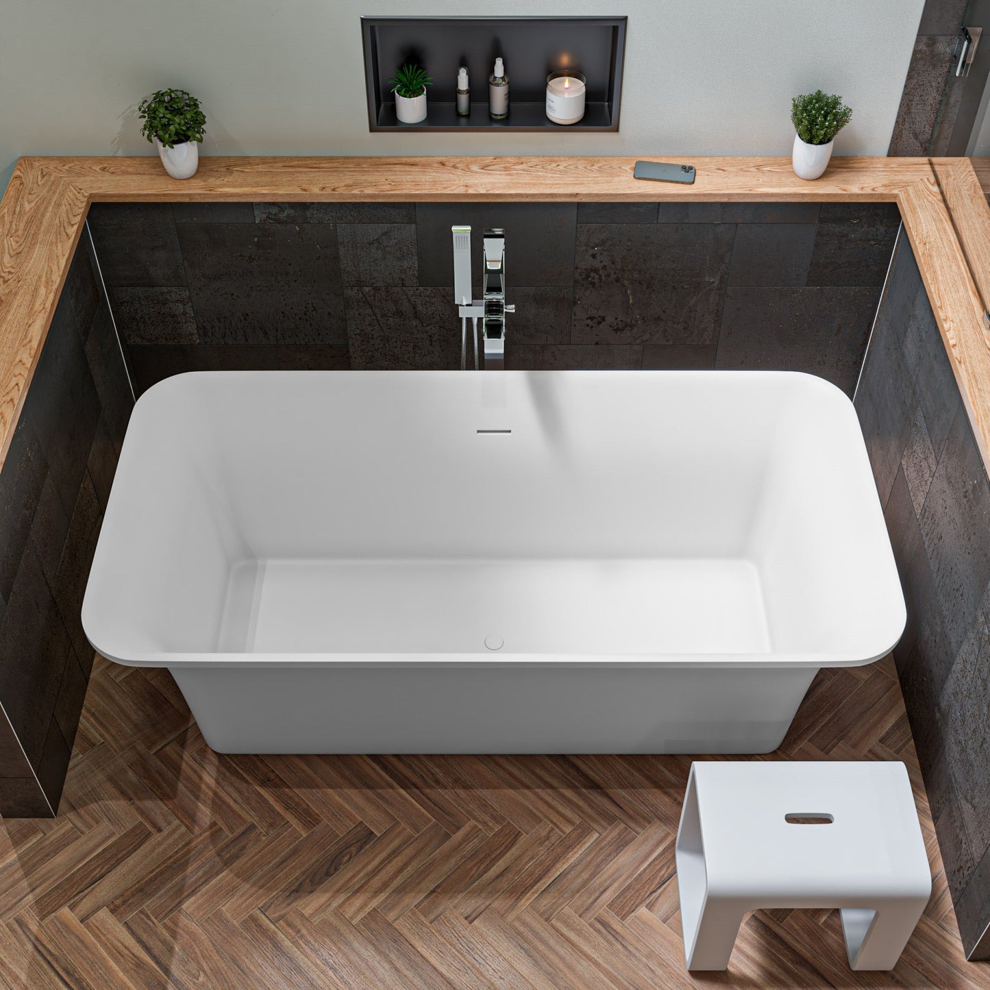 ALFI 67-Inch Rectangular White Solid Surface Freestanding Smooth Resin Soaking Bathtub -  AB9942