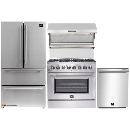 Forno 4-Piece Appliance Package - 36-Inch Dual Fuel Range, Refrigerator, Wall Mount Hood with Backsplash, & 3-Rack Dishwasher in Stainless Steel - AP4-6156-36