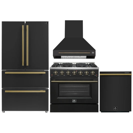 Forno 4-Piece Appliance Package - 36-Inch Gas Range, Wall Mount Range Hood, 36-Inch French Door Refrigerator, and Dishwasher in Black with Antique Brass Handle - AP4-6244-36BLK-5095