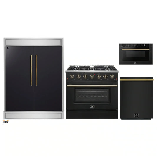 Forno 4-Piece Appliance Package - 36-Inch Gas Range, 60-Inch Convertible Refrigerator with Modern Trim, Dishwasher, and 24-Inch Microwave Drawer in Black with Antique Brass Handle - AP4-6244-36BLK-MWD24-60MG