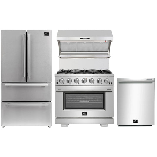 Forno 4-Piece Pro Appliance Package - 36-Inch Gas Range, Wall Mount Hood with Backsplash, 36-Inch French Door Refrigerator, and Dishwasher in Stainless Steel - AP4-6260-36