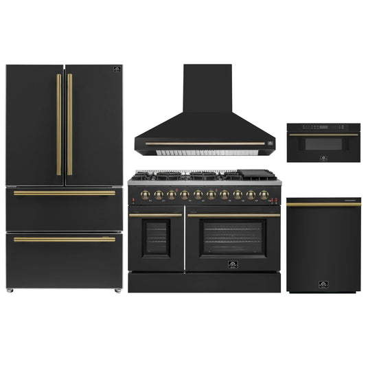 Forno 5-Piece Appliance Package - 48-Inch Gas Range, Wall Mount Range Hood, 36-Inch Refrigerator, Dishwasher, and 30-Inch Microwave Drawer in Black with Antique Brass Handle - AP5-6244-48BLK-5095-MD30