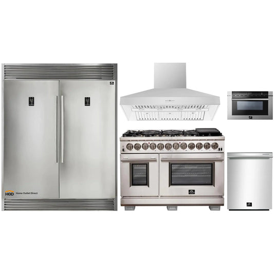 Forno 5-Piece Pro Appliance Package - 48-Inch Dual Fuel Range, 60-Inch Pro-Style Refrigerator, Wall Mount Hood, 24-Inch Microwave Drawer, & 3-Rack Dishwasher in Stainless Steel - APD5-6187-48-H-MWD