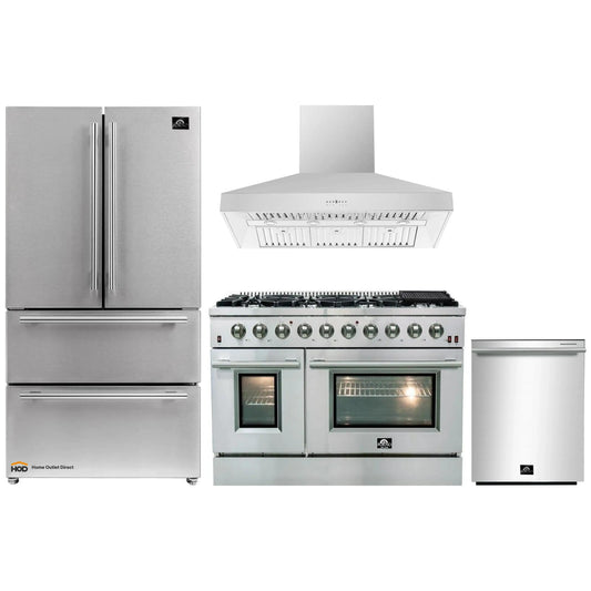 Forno 4-Piece Appliance Package - 48-Inch Gas Range, Refrigerator, Wall Mount Hood, & 3-Rack Dishwasher in Stainless Steel - APR4-6244-48-H