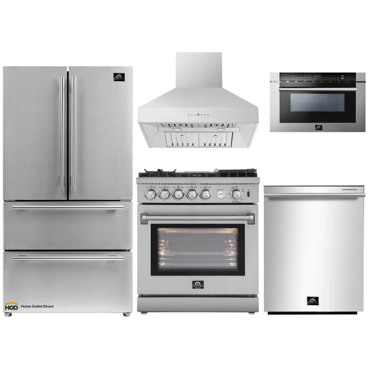Forno 5-Piece Appliance Package - 30-Inch Gas Range with Air Fryer, Refrigerator, Wall Mount Hood, 24-Inch Microwave Drawer, & 3-Rack Dishwasher in Stainless Steel - APR5-6276-30-H-MWD