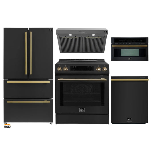 Forno 5-Piece Appliance Package - 30-Inch Induction Range, Under Cabinet Range Hood, Refrigerator, Dishwasher, and 30-Inch Microwave Oven in Black with Antique Brass Trim - APR5-905-30BLK-MWO30