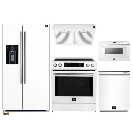 Forno 5-Piece Appliance Package - 30-Inch Induction Range, Under Cabinet Range Hood, Refrigerator with Water Dispenser, Dishwasher, and 24-Inch Microwave Drawer in White with Stainless Steel Trim - APW5-905-30WHT