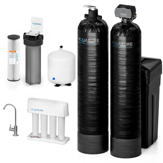 Aquasure Elite | 1,500,000 Gallons Whole House Water Filter Treatment Bundle with 64,000 Grains Softener w/ Fine Mesh Resin, 75 GPD Reverse Osmosis System - AS-SE1500FM