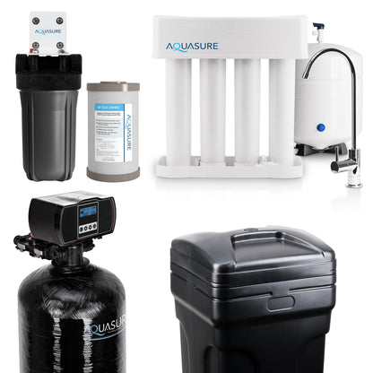 Aquasurec Elite | Whole House Water Filter Bundle with 64,000 Grains Softener w/ Fine Mesh Resin, 75 GPD Reverse Osmosis System & Triple Purpose Pre-Filter - AS-WHF64FM