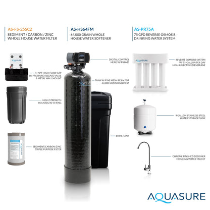 Aquasurec Elite | Whole House Water Filter Bundle with 64,000 Grains Softener w/ Fine Mesh Resin, 75 GPD Reverse Osmosis System & Triple Purpose Pre-Filter - AS-WHF64FM