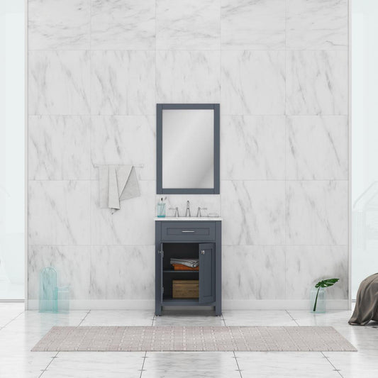 Alya Bath Norwalk 24" Single Gray Freestanding  Bathroom Vanity With Carrara Marble Top, Ceramic Sink and Wall Mounted Mirror - HE-101-24-G-CWMT + HE-101/102-24-G-M