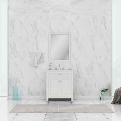 Alya Bath Norwalk 30" Single White Freestanding  Bathroom Vanity With Carrara Marble Top, Ceramic Sink and Wall Mounted Mirror - HE-101-30-W-CWMT + HE-101/102-30-W-M