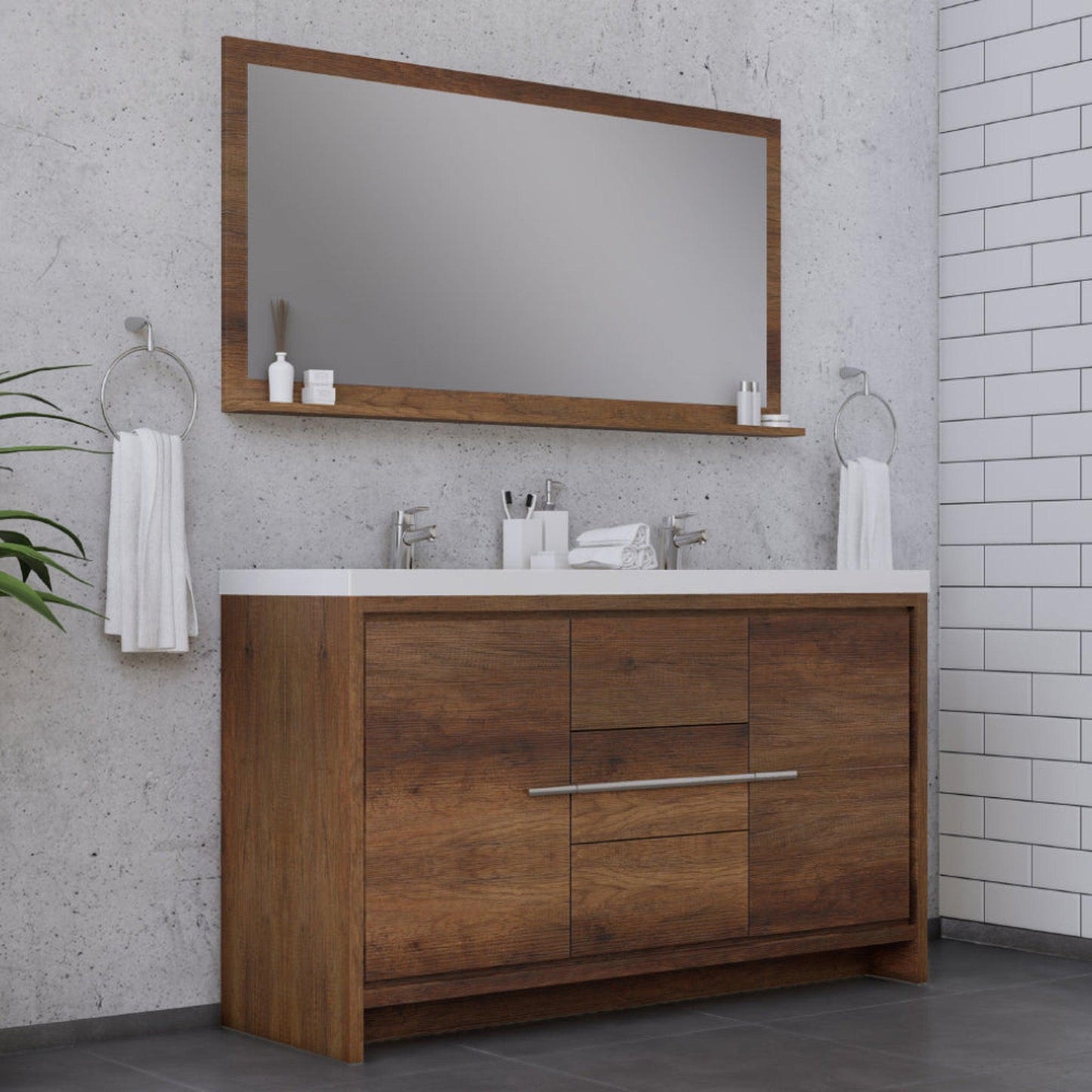 Alya Bath Sortino 60" Double Rosewood  Modern Freestanding Bathroom Vanity With Acrylic Top and Integrated Sink - AB-MD660D-RW
