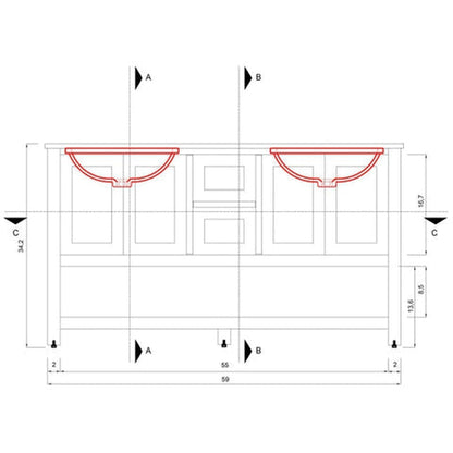Alya Bath Wilmington 60" Double Blue Freestanding  Bathroom Vanity With Carrara Marble Top, Ceramic Sink and Wall Mounted Mirror - HE-102-60D-B-CWMT+2x HE-101/102-24-B-M