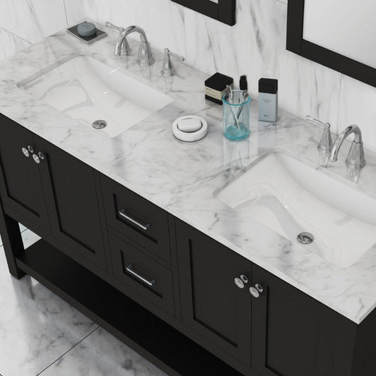 Alya Bath Wilmington 60" Double Espresso Freestanding  Bathroom Vanity With Carrara Marble Top, Ceramic Sink and Wall Mounted Mirro - HE-102-60D-E-CWMT+2x HE-101/102-24-E-Mr