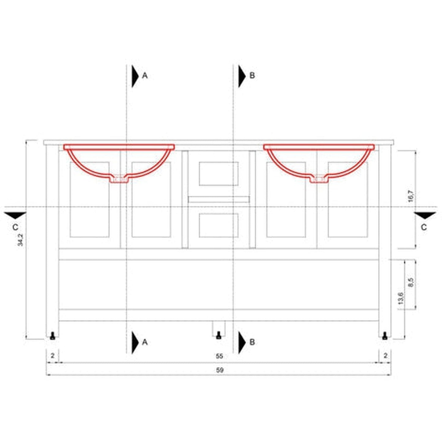 Alya Bath Wilmington 60" Double Espresso Freestanding  Bathroom Vanity With Carrara Marble Top, Ceramic Sink and Wall Mounted Mirro - HE-102-60D-E-CWMT+2x HE-101/102-24-E-Mr