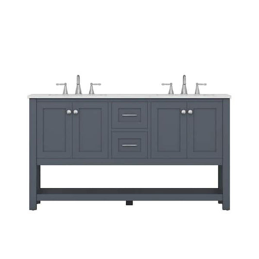 Alya Bath Wilmington 60" Double Gray Freestanding Bathroom Vanity With Carrara Marble Top, Ceramic Sink and Wall Mounted Mirror - HE-102-60D-G-CWMT+2x HE-101/102-24-G-M
