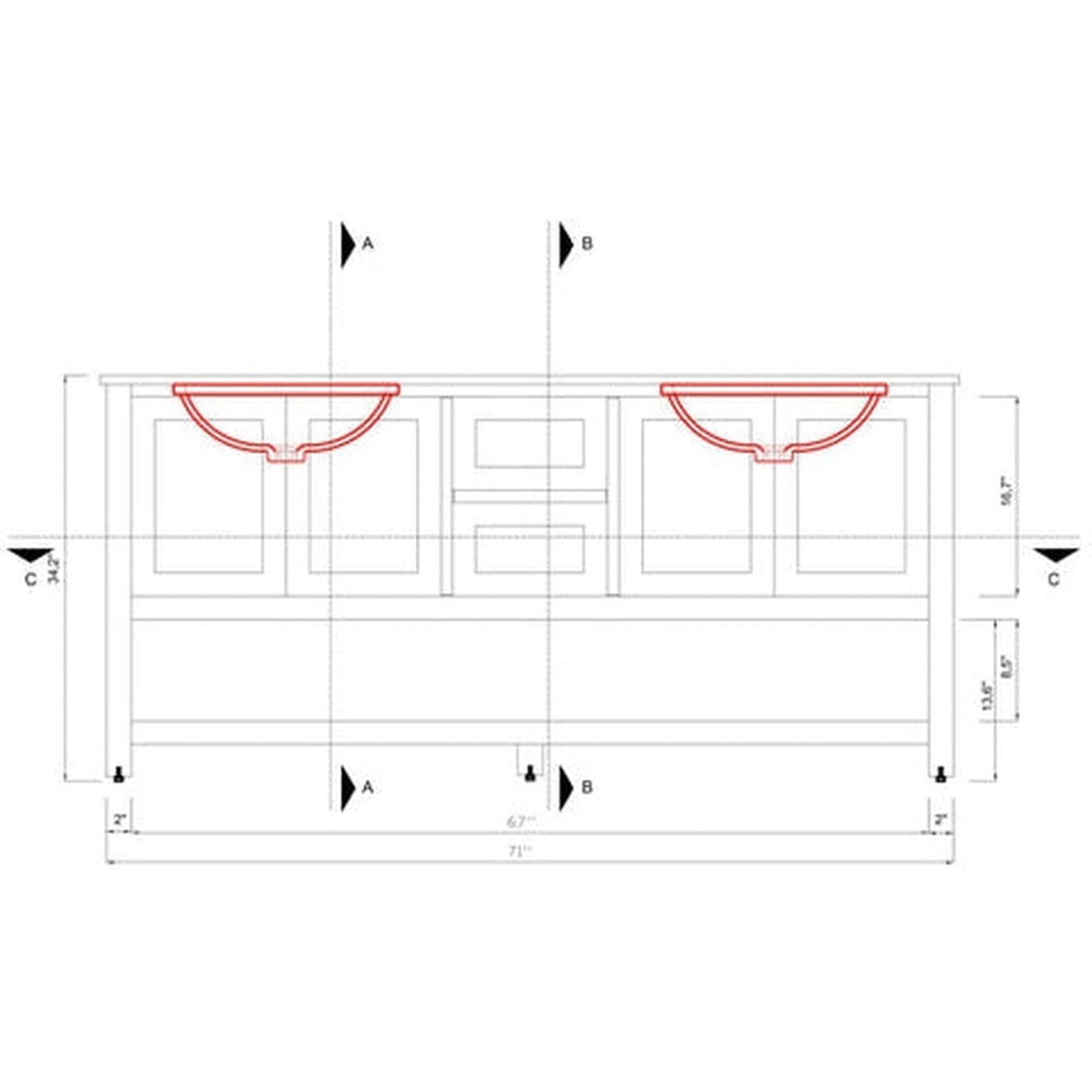 Alya Bath Wilmington 72" Double Gray Freestanding  Bathroom Vanity With Carrara Marble Top, Ceramic Sink and Wall Mounted Mirror - HE-102-72D-G-CWMT+2x HE-101/102-30-G-M