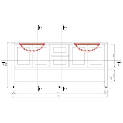 Alya Bath Wilmington 72" Double Gray Freestanding  Bathroom Vanity With Carrara Marble Top, Ceramic Sink and Wall Mounted Mirror - HE-102-72D-G-CWMT+2x HE-101/102-30-G-M