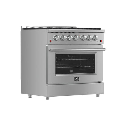 Forno 5-Piece Appliance Package - 36-Inch Gas Range, Wall Mount Range Hood, 60-Inch Refrigerator, Dishwasher, and 24-Inch Microwave Oven in Stainless Steel - AP5-6244-36-5095-60S-24MO