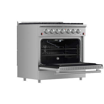 Forno 5-Piece Appliance Package - 36-Inch Gas Range, Wall Mount Range Hood, 36-Inch Refrigerator, Dishwasher, and 30-Inch Microwave Oven in Stainless Steel - AP5-6244-36-5095-30MO
