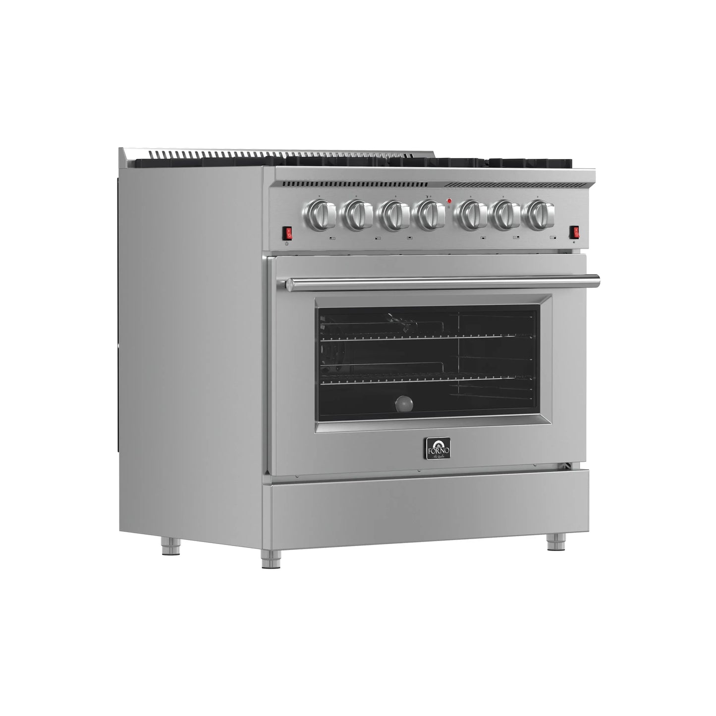 Forno 5-Piece Appliance Package - 36-Inch Gas Range, Wall Mount Range Hood, 36-Inch Refrigerator, Dishwasher, and 30-Inch Microwave Oven in Stainless Steel - AP5-6244-36-5095-30MO