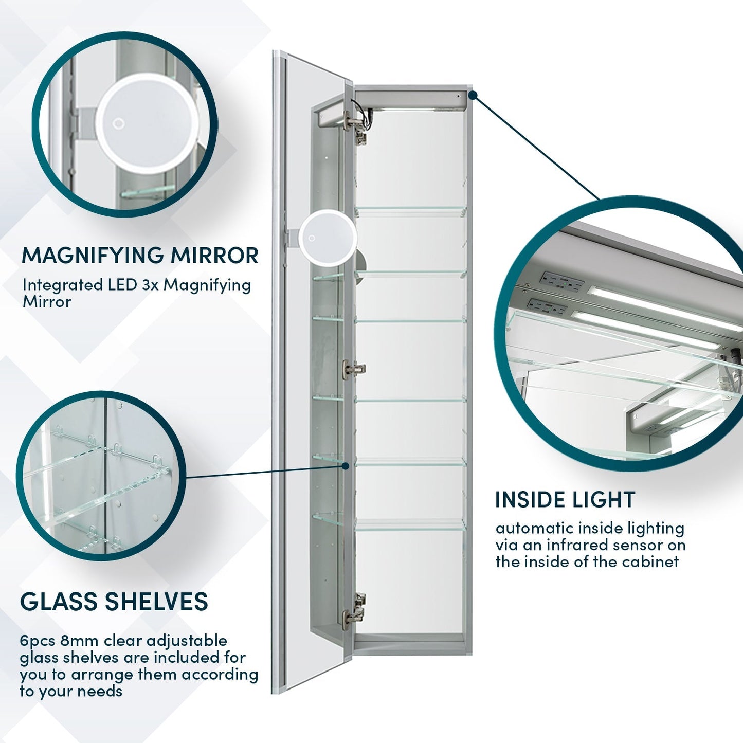 Aquadom Edge Royale 15" x 70" Left Hinged Medicine Cabinet With Lighting, Defogger, Integrated LED 3X Magnifying Mirror, 8mm Clear Adjustable Glass Shelves and Electrical Outlet With USB - ER-1570L-N