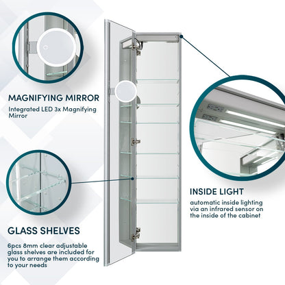 Aquadom Edge Royale 15" x 70" Left Hinged Medicine Cabinet With Lighting, Defogger, Integrated LED 3X Magnifying Mirror, 8mm Clear Adjustable Glass Shelves and Electrical Outlet With USB - ER-1570L-N