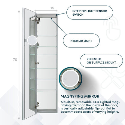 Aquadom Edge Royale 15" x 70" Left Hinged Medicine Cabinet With Lighting, Defogger, Integrated LED 3X Magnifying Mirror, 8mm Clear Adjustable Glass Shelves and Electrical Outlet With USB - ER-1570L-N