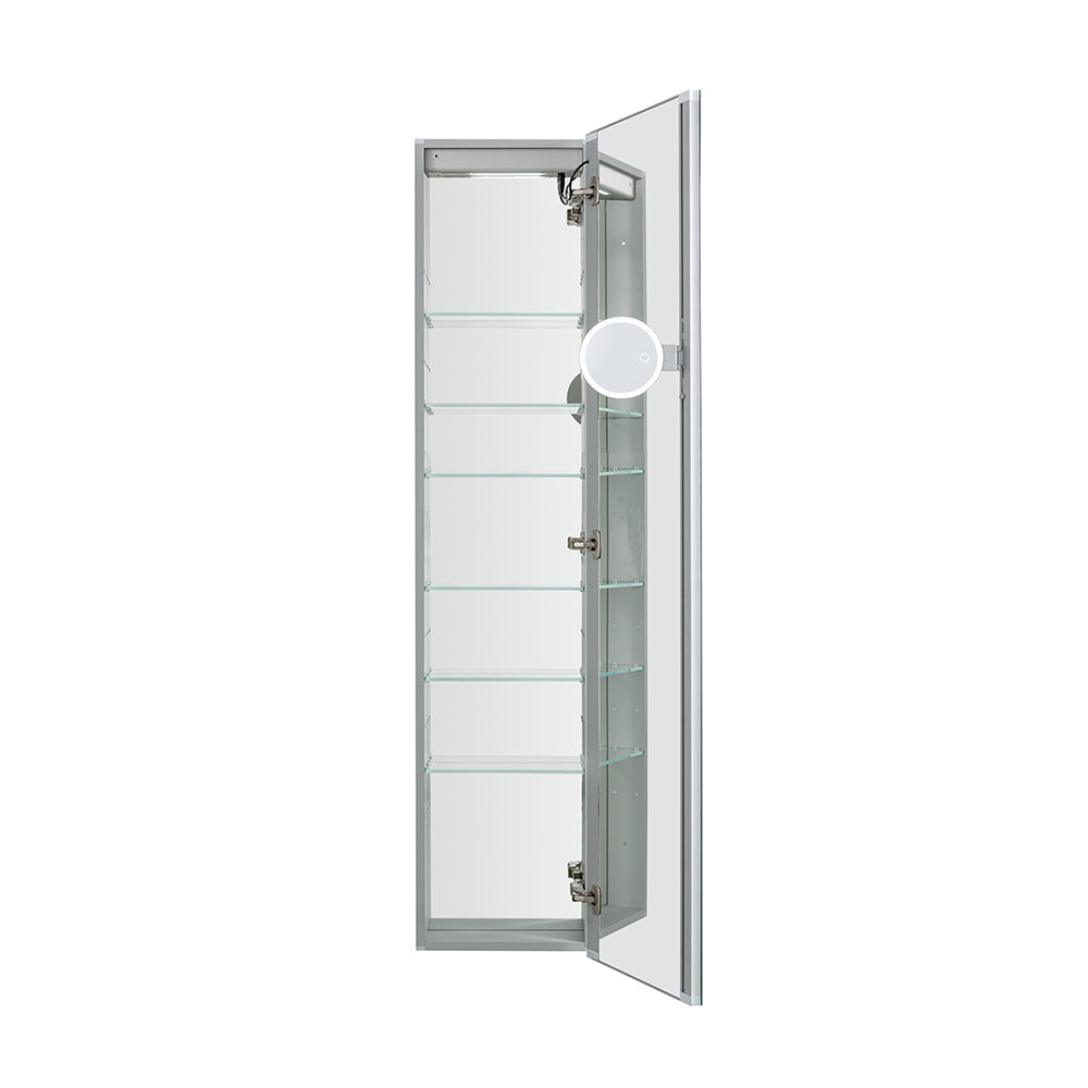 Aquadom Edge Royale 15" x 70" Left Hinged Medicine Cabinet With Lighting, Defogger, Integrated LED 3X Magnifying Mirror, 8mm Clear Adjustable Glass Shelves and Electrical Outlet With USB - ER-1570L-N