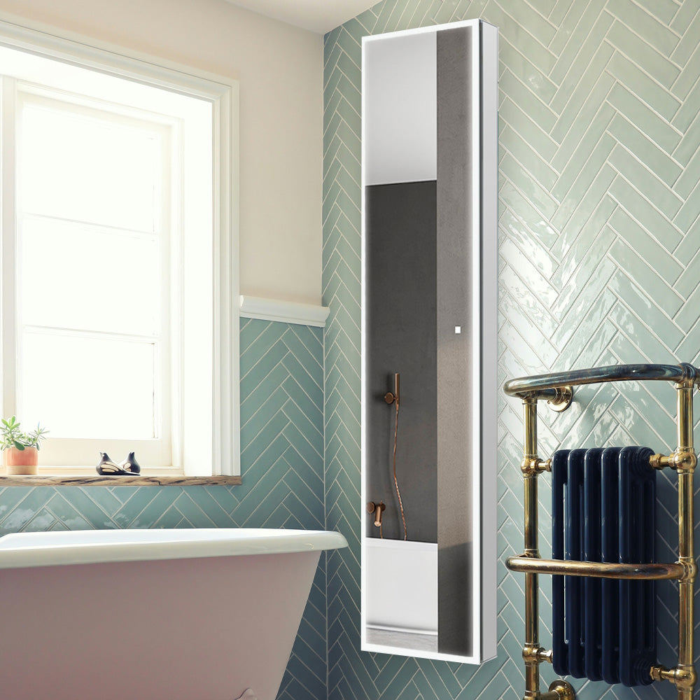 Aquadom Edge Royale 15" x 70" Left Hinged Medicine Cabinet With Lighting, Defogger, Integrated LED 3X Magnifying Mirror, 8mm Clear Adjustable Glass Shelves and Electrical Outlet With USB - ER-1570L-N
