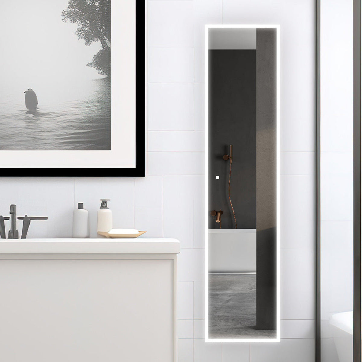 Aquadom Edge Royale 15" x 70" Right Hinged Medicine Cabinet With Lighting, Defogger, Integrated LED 3X Magnifying Mirror, 8mm Clear Adjustable Glass Shelves and Electrical Outlet With USB - ER-1570R-N