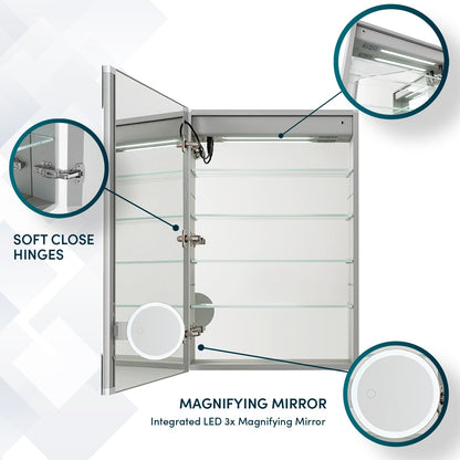 Aquadom Edge Royale 20" x 32" Left Hinged Medicine Cabinet With Lighting, Defogger, Integrated LED 3X Magnifying Mirror, 8mm Clear Adjustable Glass Shelves and Electrical Outlet With USB - ER-2032L-N