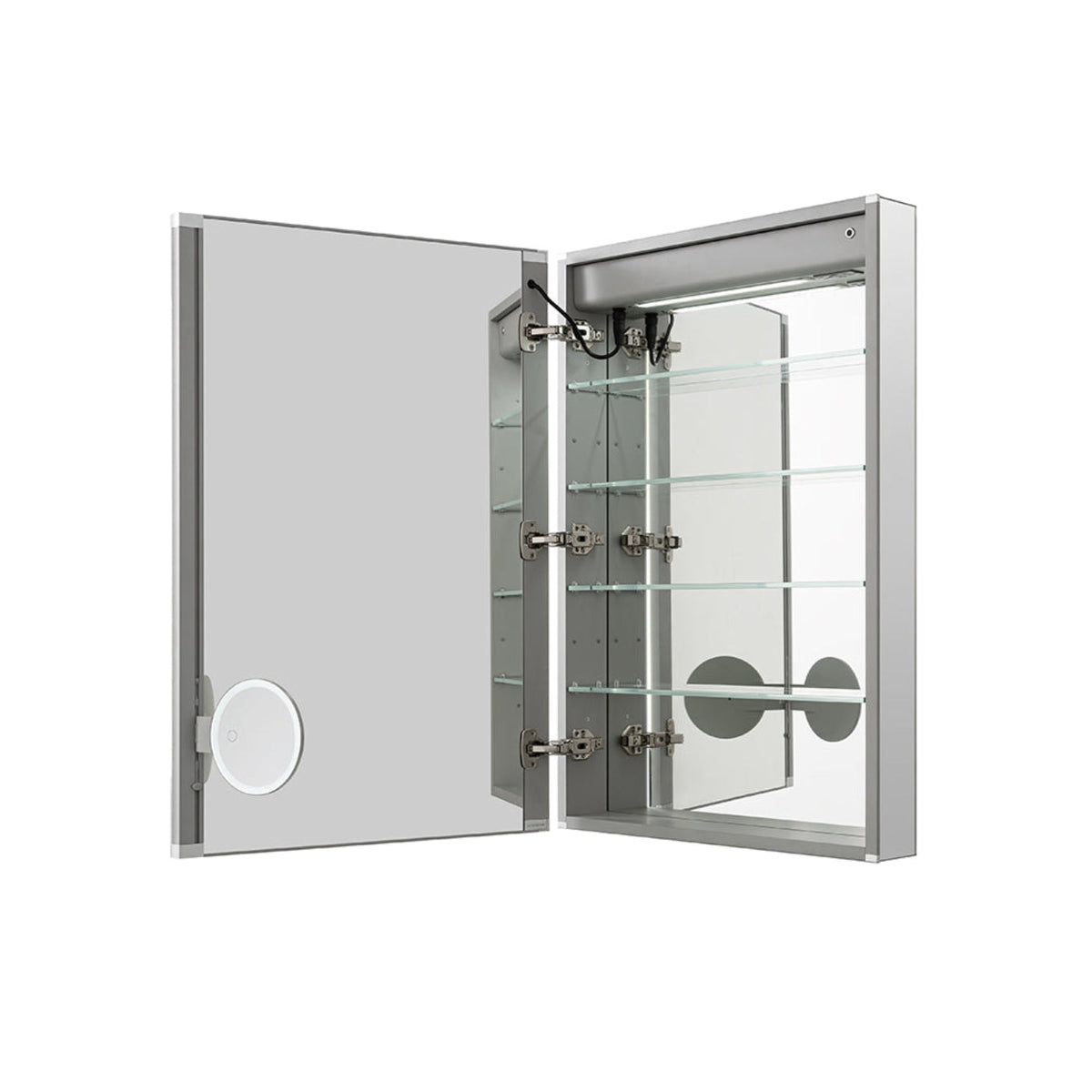 Aquadom Edge Royale 20" x 32" Left Hinged Medicine Cabinet With Lighting, Defogger, Integrated LED 3X Magnifying Mirror, 8mm Clear Adjustable Glass Shelves and Electrical Outlet With USB - ER-2032L-N