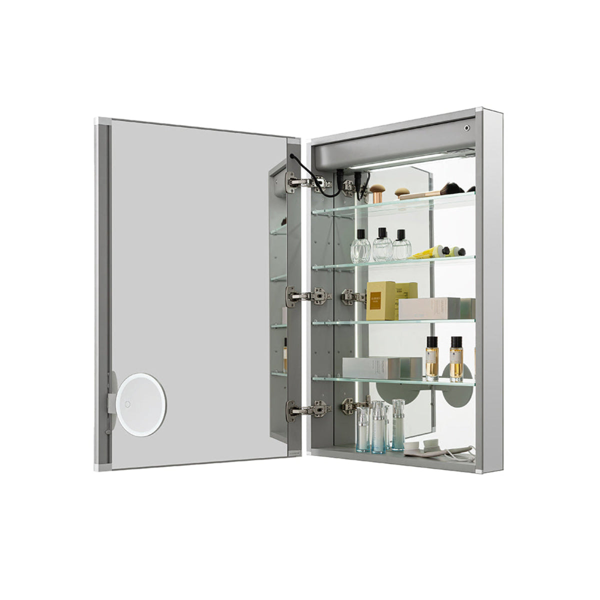 Aquadom Edge Royale 20" x 32" Left Hinged Medicine Cabinet With Lighting, Defogger, Integrated LED 3X Magnifying Mirror, 8mm Clear Adjustable Glass Shelves and Electrical Outlet With USB - ER-2032L-N